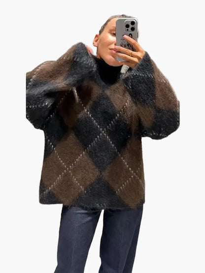 Damen Oversize Strickpullover mit Argyle-Muster – Modischer Freizeit-Look für Herbst und Winter