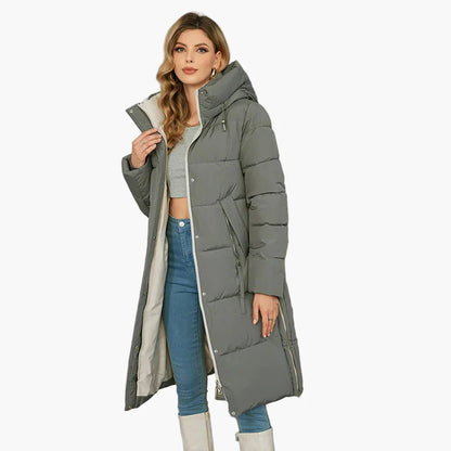 Women's winter quilted coat with hood – long, warm outdoor parka for cold days