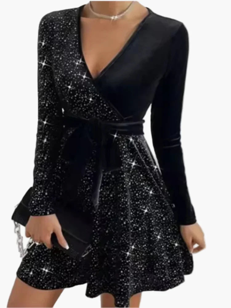 Women's festive party dress with glitter and bow – elegant look for special occasions