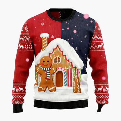Herren Weihnachtspullover Ugly Christmas Sweater mit Lebkuchenmann, Lebkuchenhaus & Tannenbaum – Lustiger Winterpulli für Weihnachten