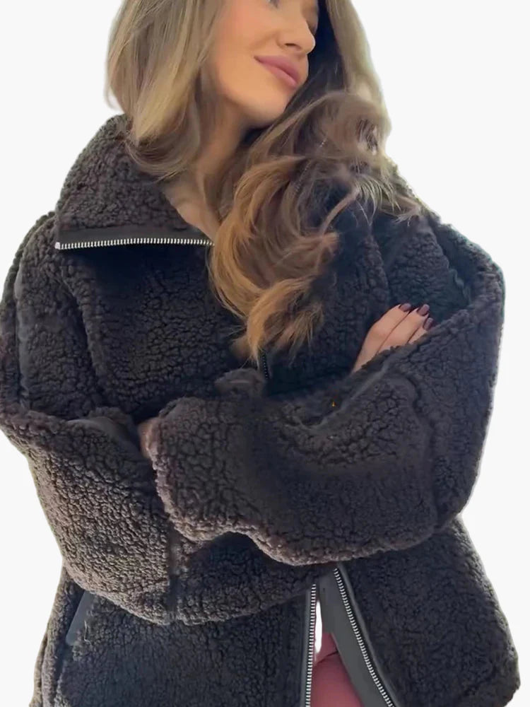 Damen Oversize Teddyjacke mit Reißverschluss – Trendige Winterjacke für Alltag und Freizeit