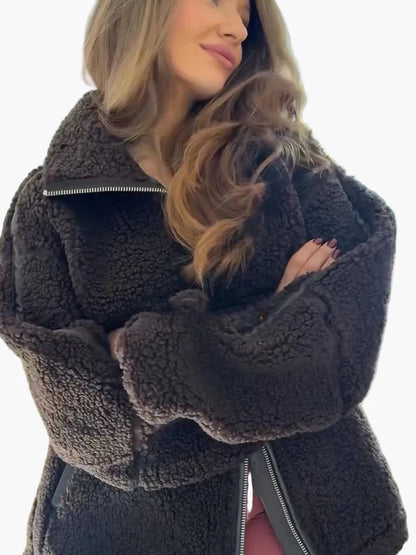 Damen Oversize Teddyjacke mit Reißverschluss – Trendige Winterjacke für Alltag und Freizeit