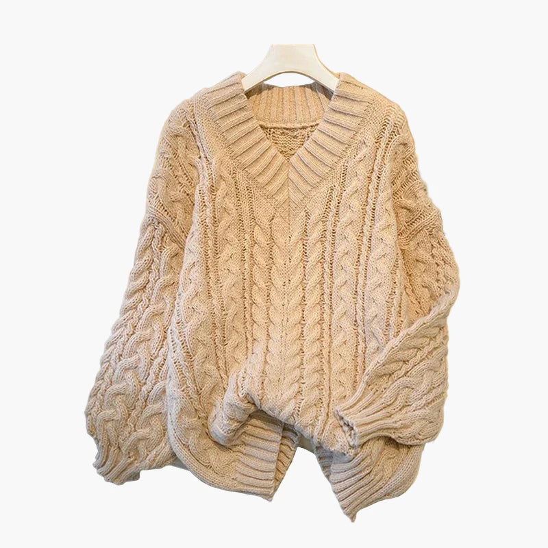 Damen Grobstrick Pullover mit Zopfmuster und V-Ausschnitt – Gemütlicher Freizeit-Stil