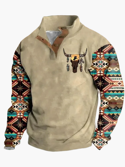 Herren Vintage Western Pullover mit Aztekenmuster und Stehkragen – Freizeit & Outdoor