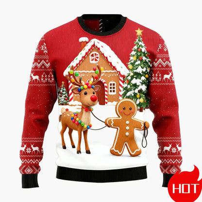 Herren Weihnachtspullover Ugly Christmas Sweater mit Lebkuchenmann, Lebkuchenhaus & Tannenbaum – Lustiger Winterpulli für Weihnachten