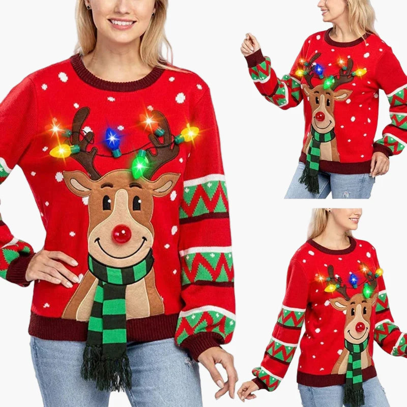 Women's Christmas Sweater with Reindeer and LED Lights – Funny Festive Knit Sweater for Party & Everyday