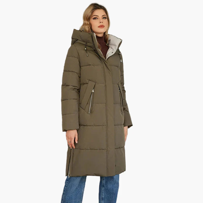 Women's winter quilted coat with hood – long, warm outdoor parka for cold days