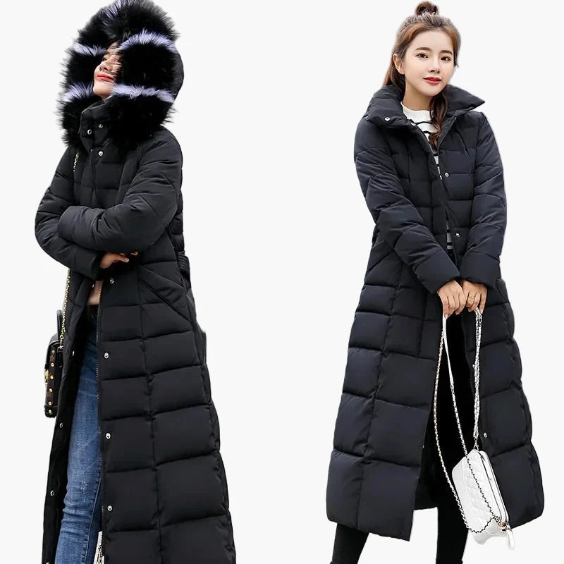 Women's winter quilted coat with hood and fur collar – elegant long parka for everyday & outdoor