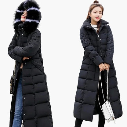 Women's winter quilted coat with hood and fur collar – elegant long parka for everyday & outdoor