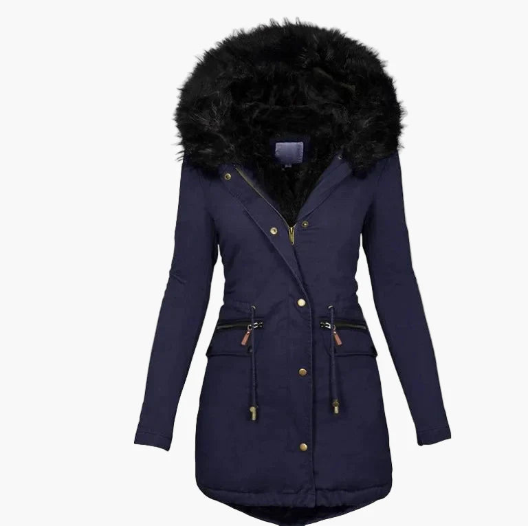 Women's winter coat with hood and faux fur – Elegant, lined parka for cold days
