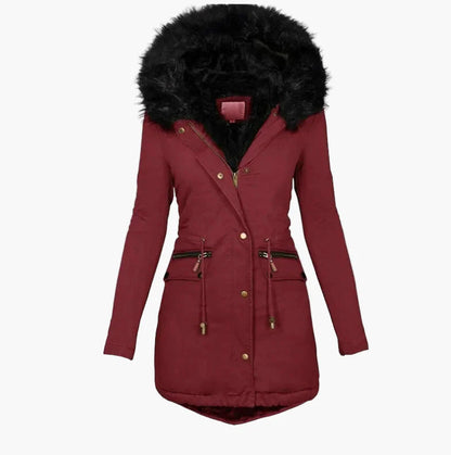 Women's winter coat with hood and faux fur – Elegant, lined parka for cold days