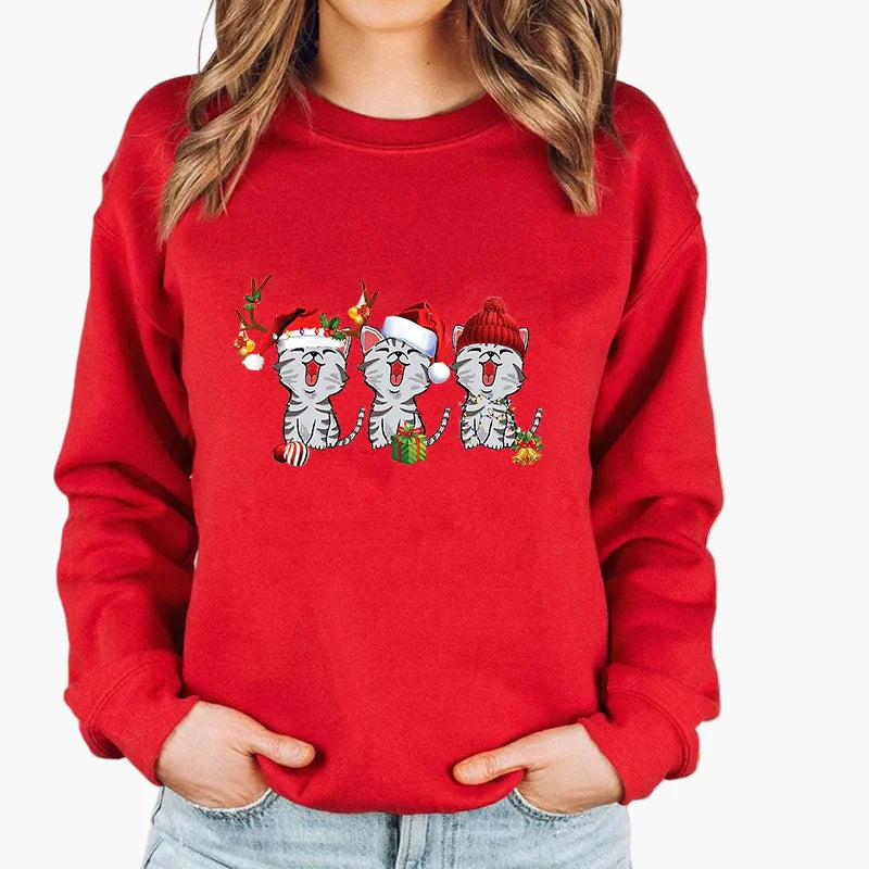 Women's Christmas Sweater with Cat, Christmas Hat and String Lights – Funny Winter Sweater for Women