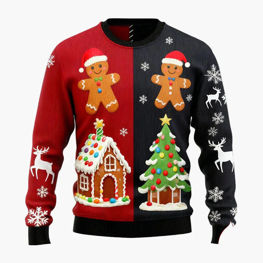 Herren Weihnachtspullover Ugly Christmas Sweater mit Lebkuchenmann, Lebkuchenhaus & Tannenbaum – Lustiger Winterpulli für Weihnachten