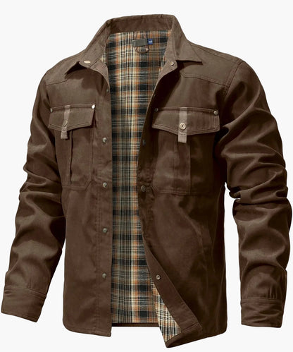 Herren Freizeithemdjacke Frühling Shacket Western Cowboy Stil mit Flanellfutter und Druckknöpfen