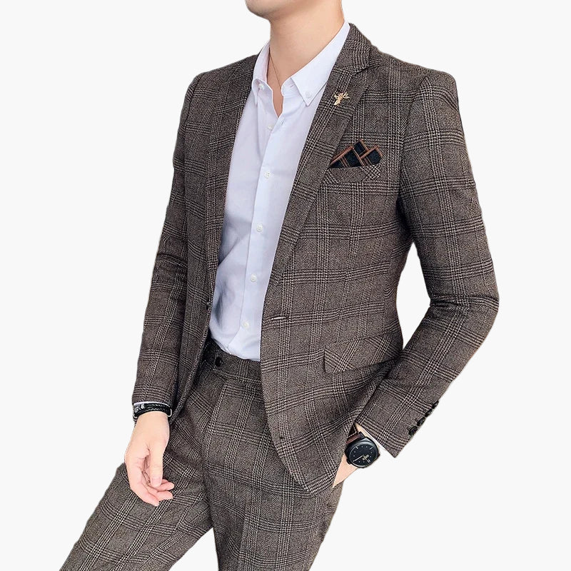 Men's Modern Business Suit Set – Elegant Checked Look for Office and Special Occasions