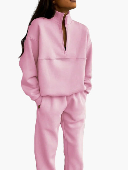 Women's Two-Piece Casual Tracksuit with Stand-Up Collar and Zipper – Casual Set for Everyday and Sports