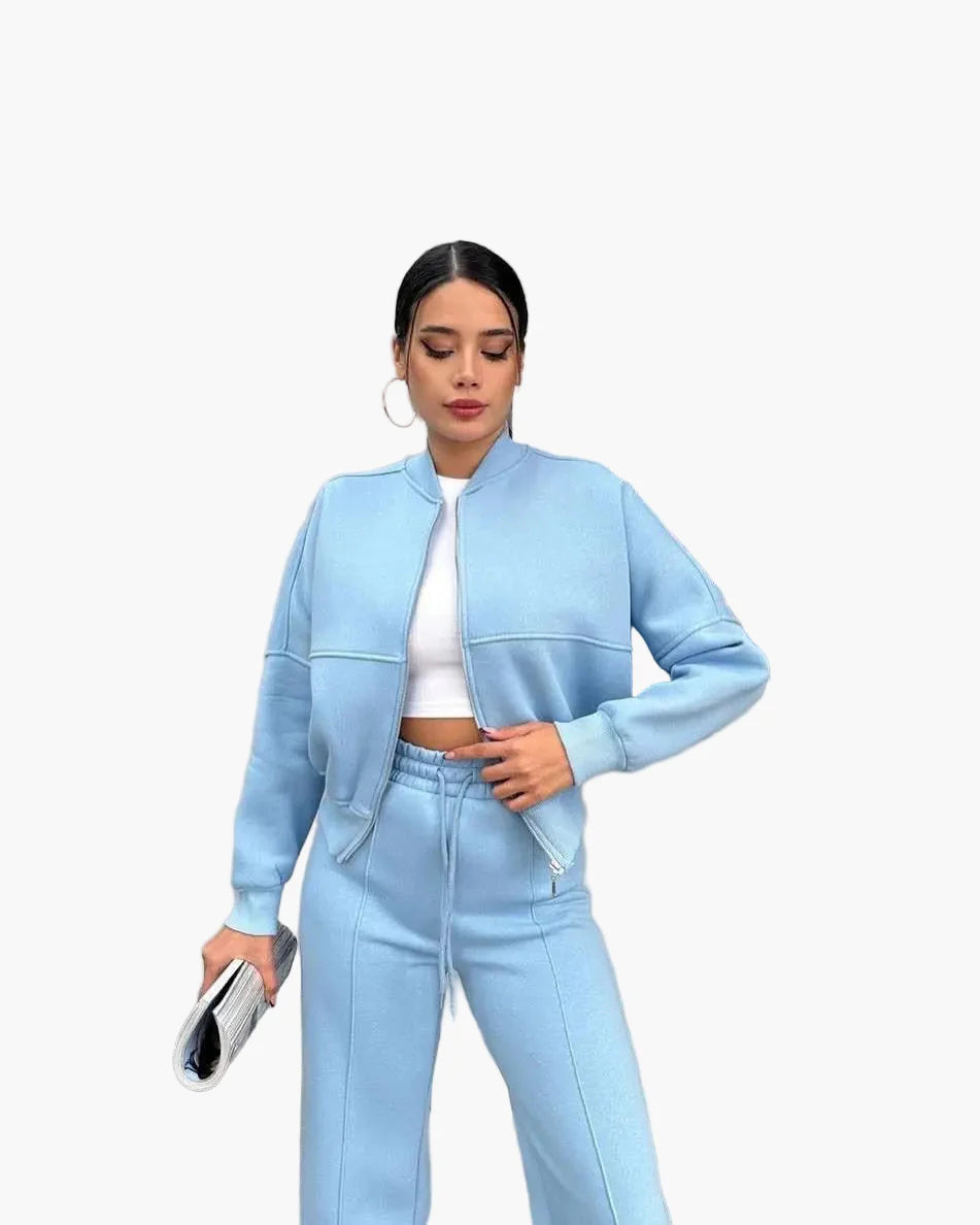 Women's Oversize Casual Suit Two-Piece with Wide Pants and Zipper Jacket – Casual Streetwear Look