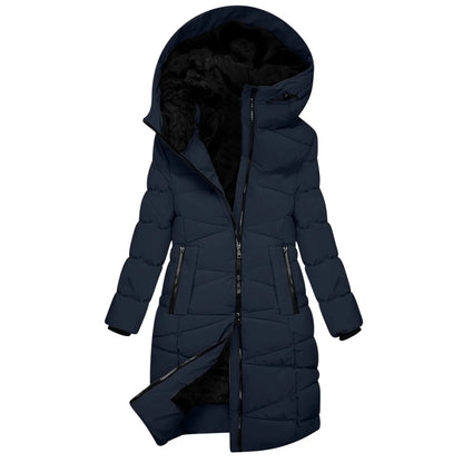Women's Winter Quilted Long Coat with Hood – Windproof Down Jacket with Zipper, Fashionable & Warm