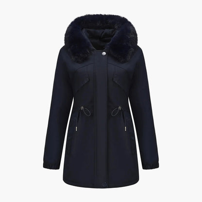 Women's winter jacket with hood and faux fur collar – Elegant parka for cold days