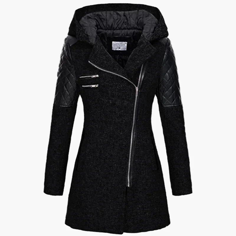 Women's winter coat with hood and asymmetrical zipper – fashionable long transitional coat for autumn & winter