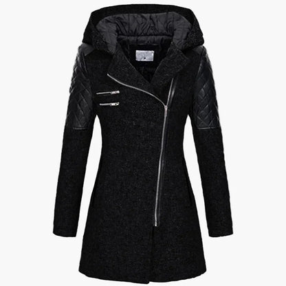 Women's winter coat with hood and asymmetrical zipper – fashionable long transitional coat for autumn & winter