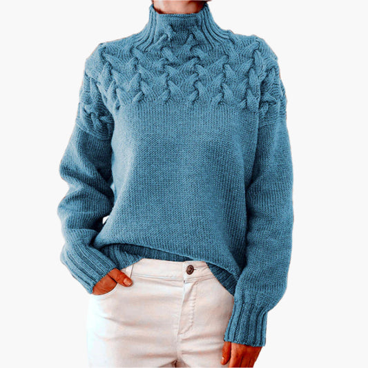 Women's knitted sweater with cable pattern and stand-up collar – stylish winter sweater for everyday and leisure