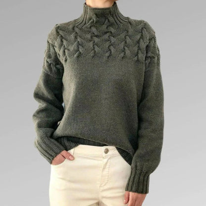 Women's knitted sweater with cable pattern and stand-up collar – stylish winter sweater for everyday and leisure