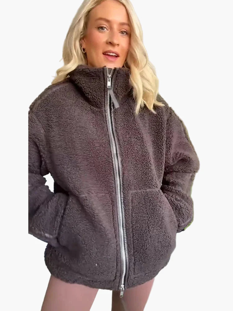 Damen Oversize Teddyjacke mit Reißverschluss – Trendige Winterjacke für Alltag und Freizeit