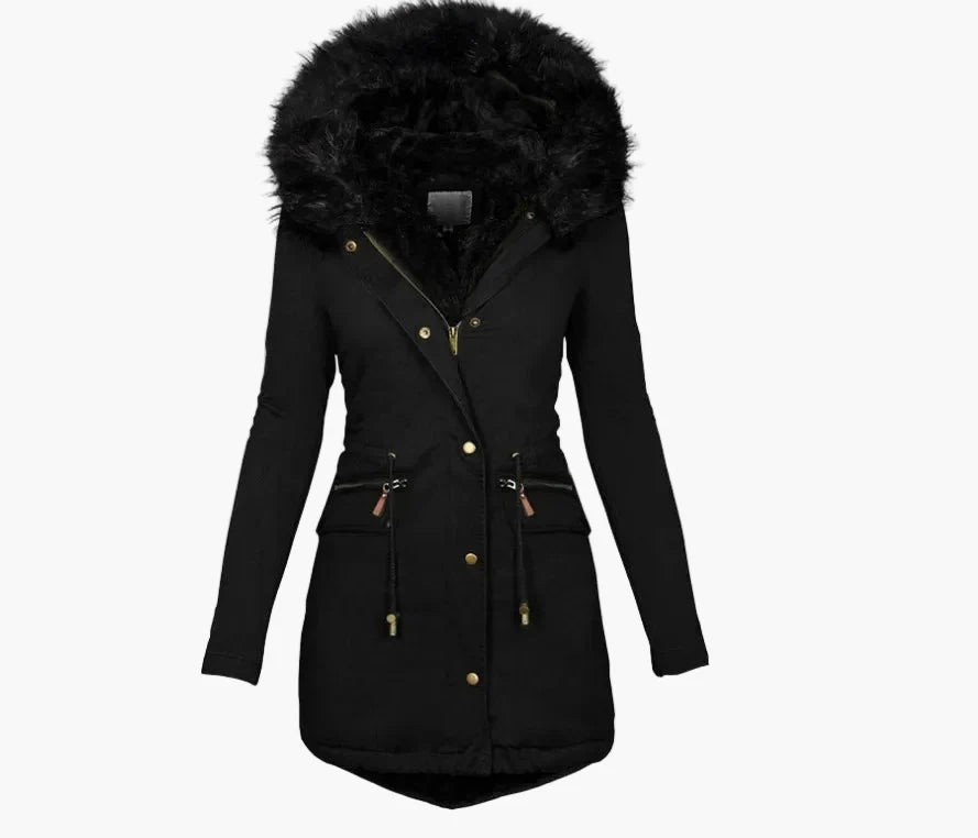Women's winter coat with hood and faux fur – Elegant, lined parka for cold days