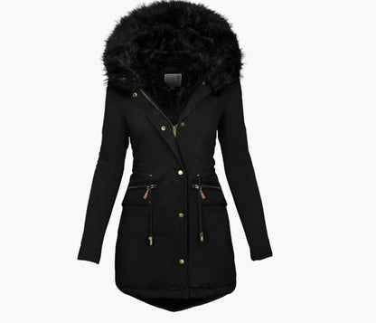 Women's winter coat with hood and faux fur – Elegant, lined parka for cold days
