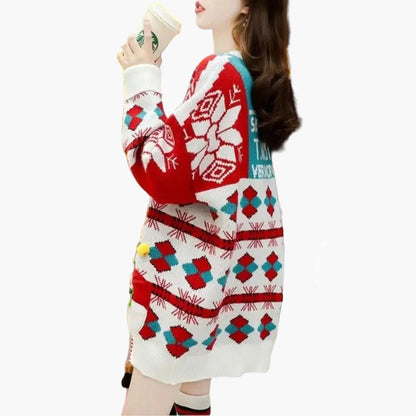 Damen Weihnachtspullover Kleid Ugly Christmas Sweater mit Schneemann 3D Applikation – Lustiger Oversize Winterpulli für Feiertage & Partys