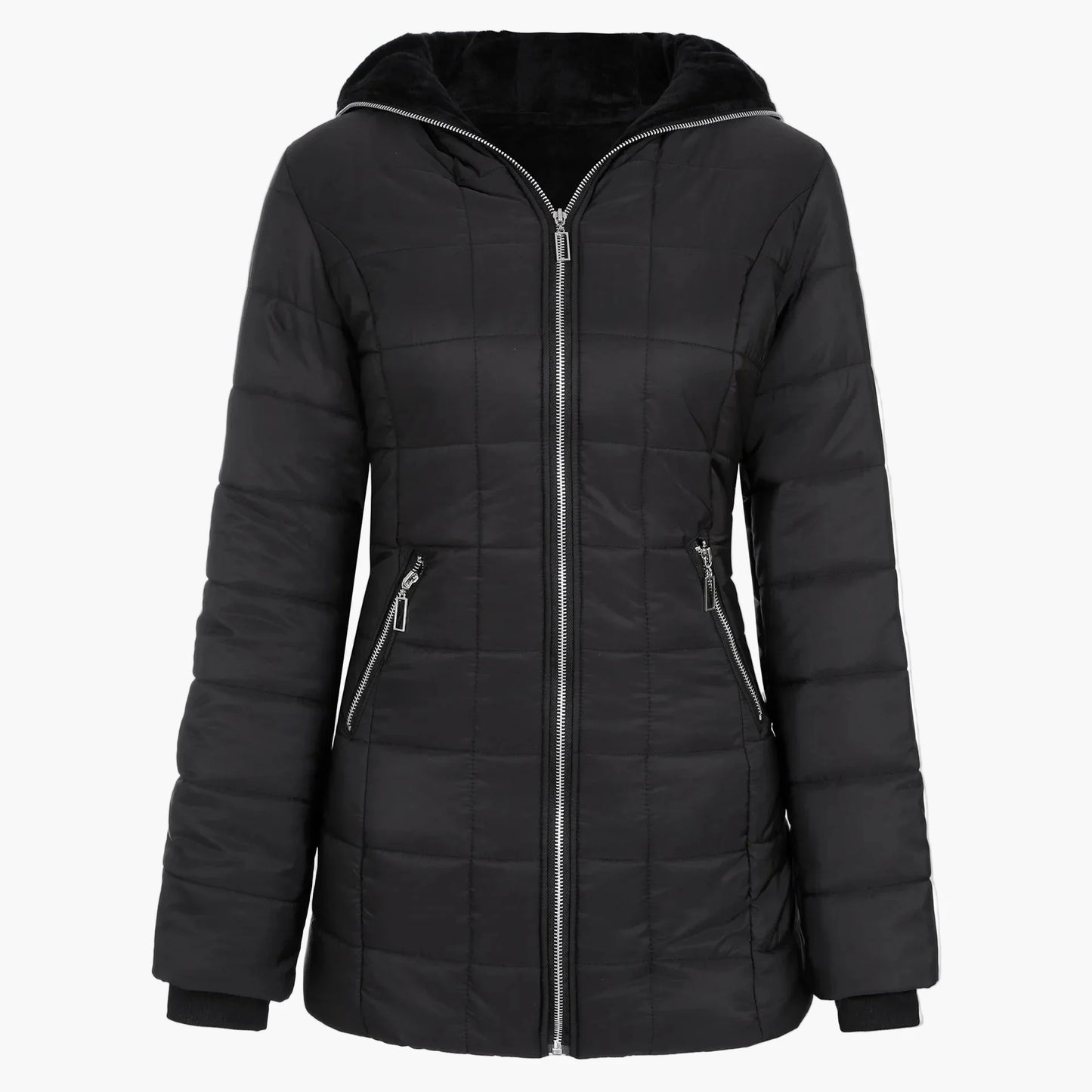 Women's winter jacket with hood and asymmetrical zipper – Fashionable outdoor jacket with fleece lining