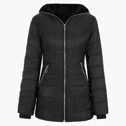 Women's winter jacket with hood and asymmetrical zipper – Fashionable outdoor jacket with fleece lining