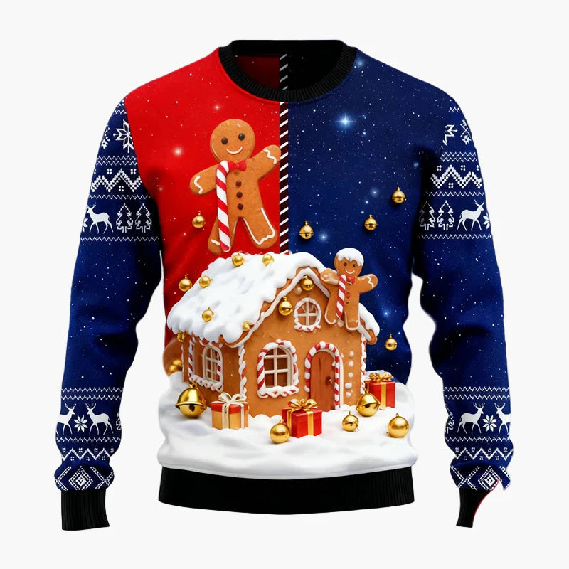 Herren Weihnachtspullover Ugly Christmas Sweater mit Lebkuchenmann, Lebkuchenhaus & Tannenbaum – Lustiger Winterpulli für Weihnachten