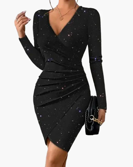 Women's wrap dress elegant party dress with long sleeves and galaxy print – perfect for evening occasions