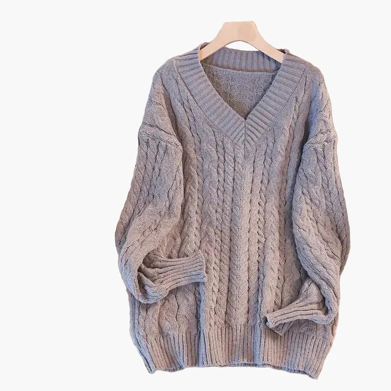 Damen Grobstrick Pullover mit Zopfstrickmuster und V-Ausschnitt – Lässiger Winterpullover für Alltag & Freizeit
