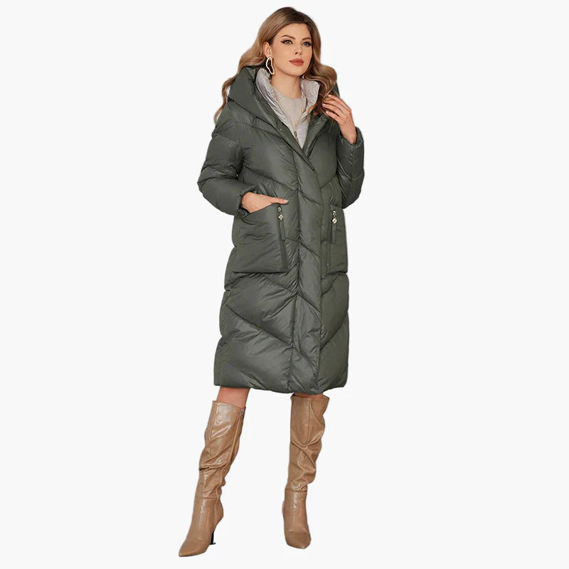 Women's winter quilted coat with hood – fashionable long parka for cold days