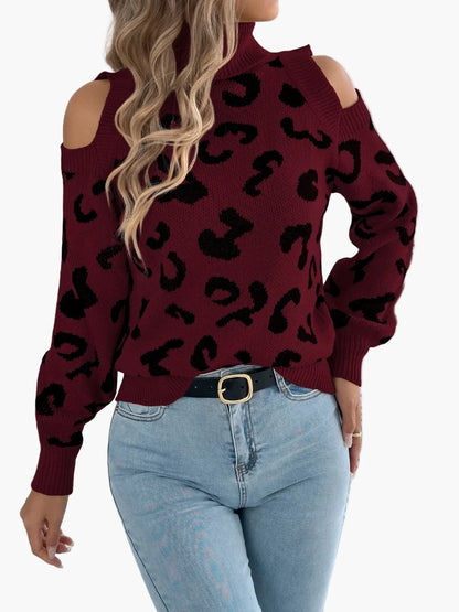 Damen Pullover mit Leopardenmuster und Cut-Out Schultern – Trendiger Freizeit-Strickpullover