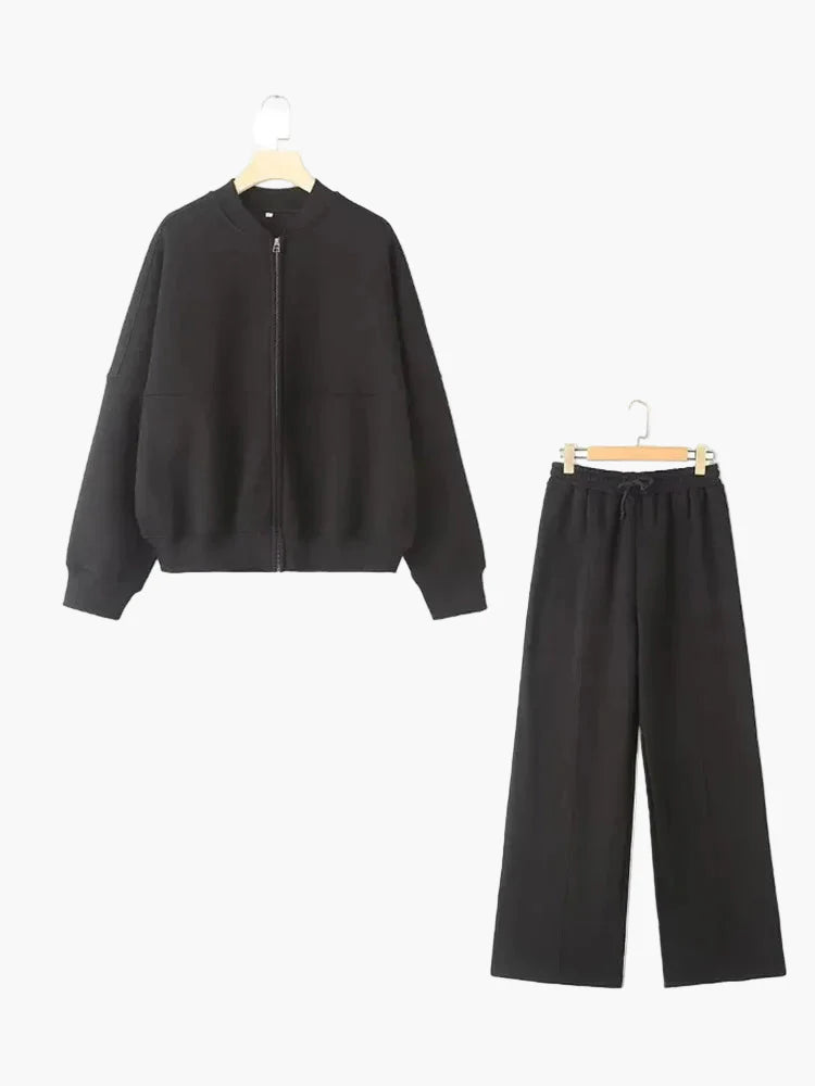 Women's Oversize Casual Suit Two-Piece with Wide Pants and Zipper Jacket – Casual Streetwear Look