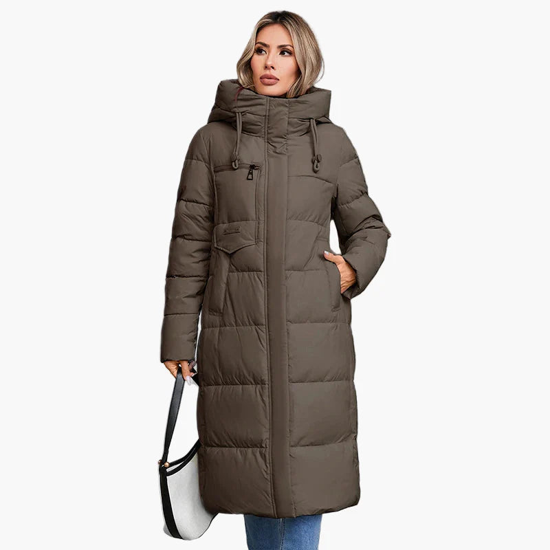 Women's winter quilted coat with hood – Long, warm outdoor coat for everyday and leisure