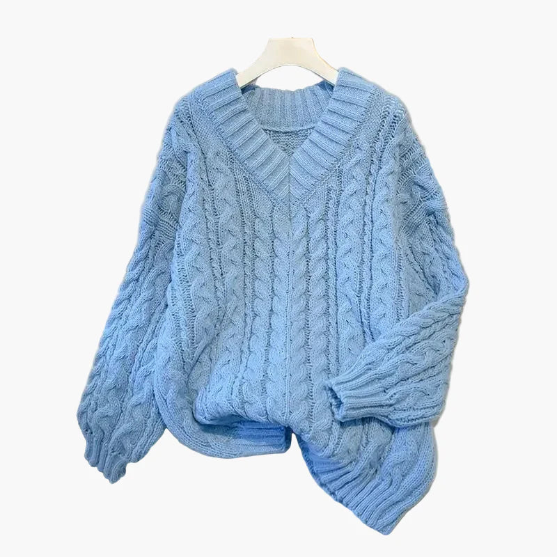 Damen Grobstrick Pullover mit Zopfstrickmuster und V-Ausschnitt – Lässiger Winterpullover für Alltag & Freizeit