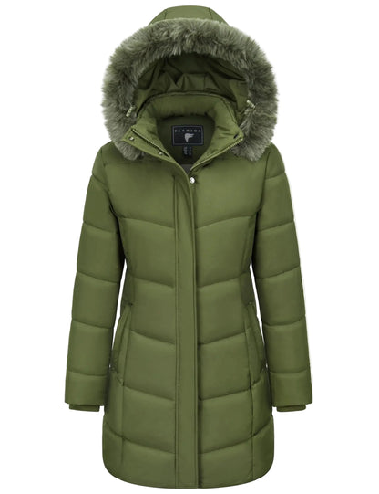 Women's winter quilted coat with hood – fashionable long puffer jacket for everyday & outdoor