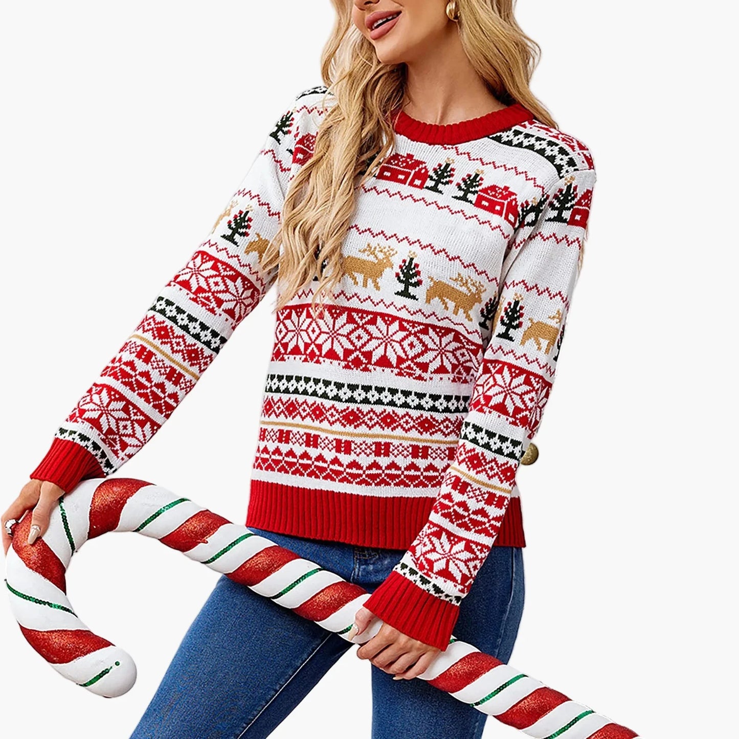 Women's Christmas Sweater Crew Neck Long Sleeve Winter Festive Norwegian Style