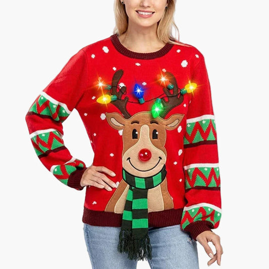Women's Christmas Sweater with Reindeer and LED Lights – Funny Festive Knit Sweater for Party & Everyday