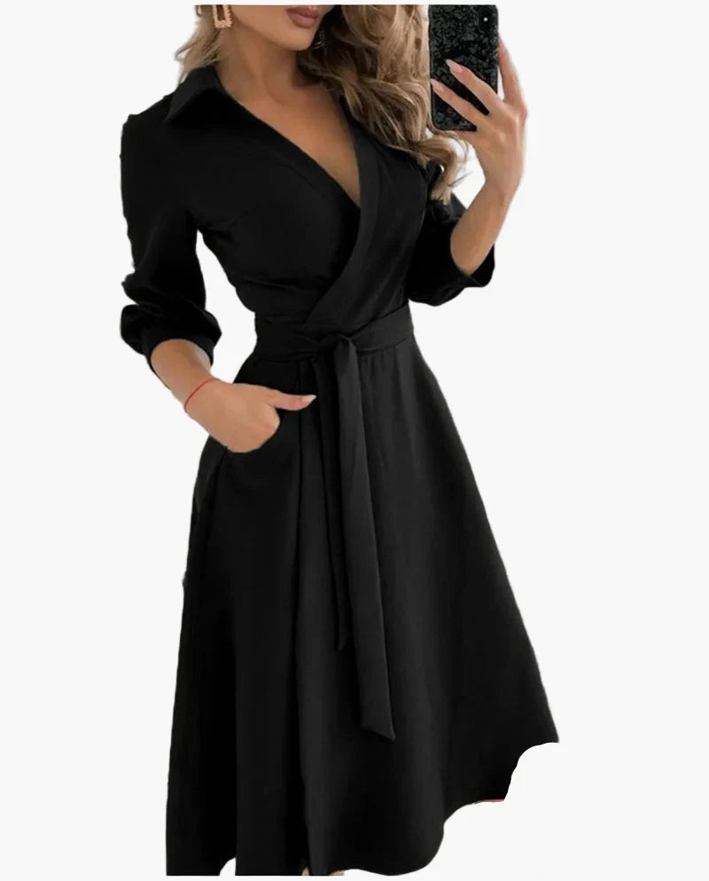 Women's Elegant Wrap Dress with Belt and Collar – Perfect for Office and Everyday Use