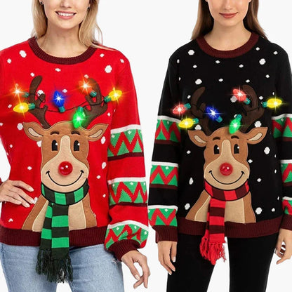 Women's Christmas Sweater with Reindeer and LED Lights – Funny Festive Knit Sweater for Party & Everyday