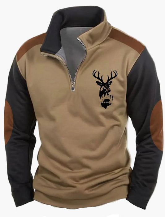 Herren Outdoor Sweatshirt mit Wildtier-Print und Stehkragen – Freizeit & Jagd