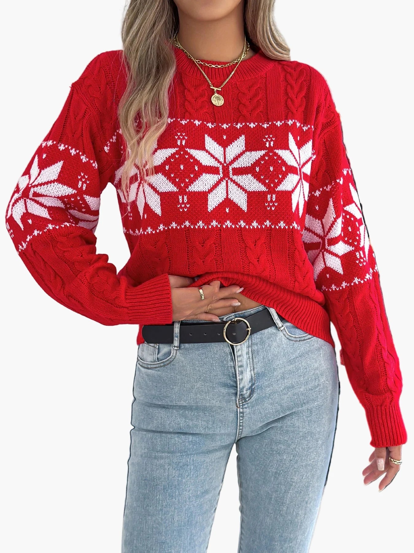 Women's Winter Sweater with Norwegian Pattern – Festive Knit Sweater for Leisure and Christmas