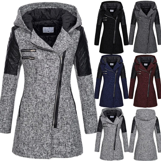 Women's winter coat with hood and asymmetrical zipper – fashionable long transitional coat for autumn & winter