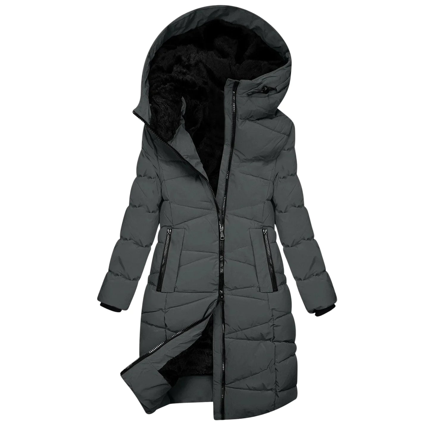 Women's Winter Quilted Long Coat with Hood – Windproof Down Jacket with Zipper, Fashionable & Warm
